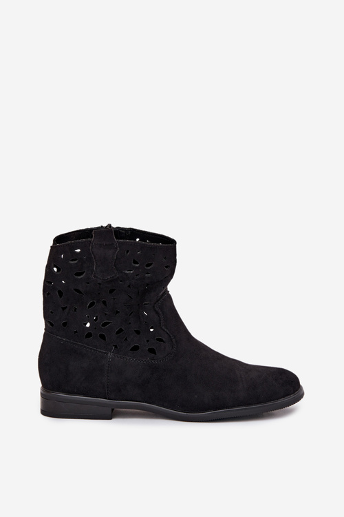 Women's Ankle Boots With Perforated Pattern On Flat Heel Eco Suede Black Athera