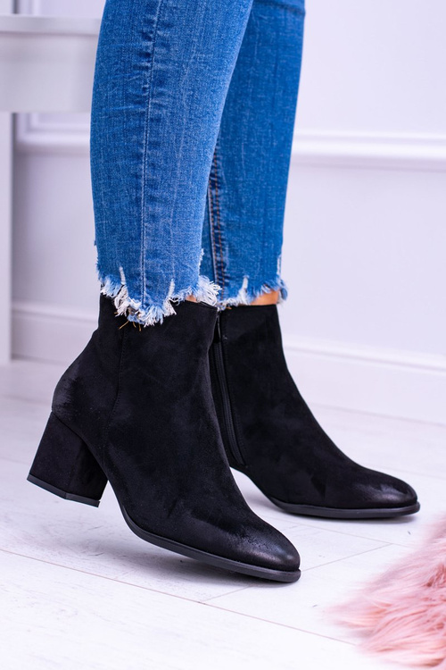 Damskie Czarne Botki Na Słupku Zamsz Ferimate