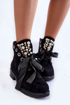 Suede Boots With Pearls And Ribbon Black Perla