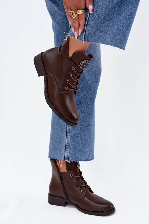 Low Women's Ankle Boots On Flat Heel With Decorative Detail Lined Brown Cylira