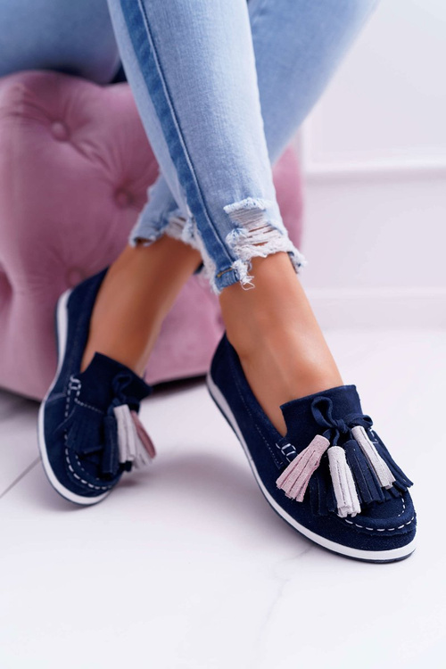 Women's Leather Suede Tassel Moccasins Navy Blue Batist