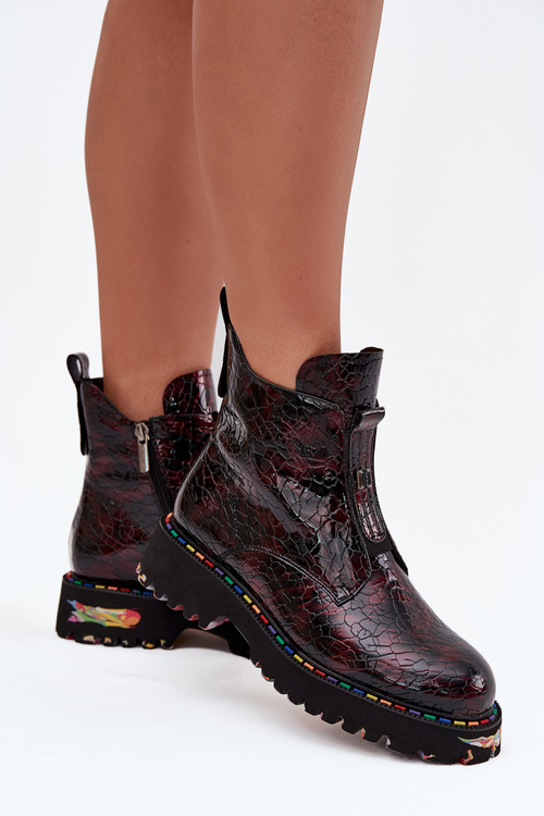 Damskie Botki Lakierowana Skóra Naturalna Ocieplane Bordowe Artiker 57C0165