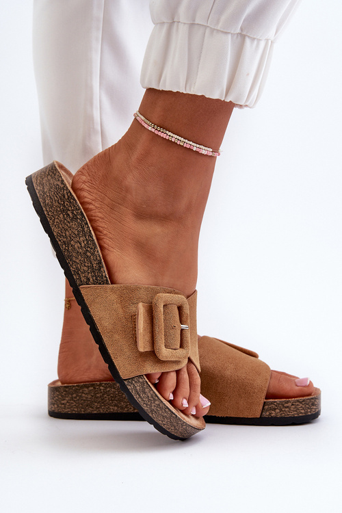 Klapki Eko Zamszowe Klamra Damskie Camel Laeltia XZ-001