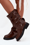 Wrinkled Women's Boots To The Middle Of The Leg With Straps And Buckles Brown Halvessa