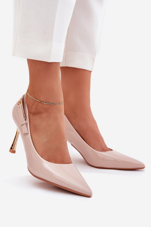 Szpilki Lakierowane Złota Klamra Beżowe Mivira