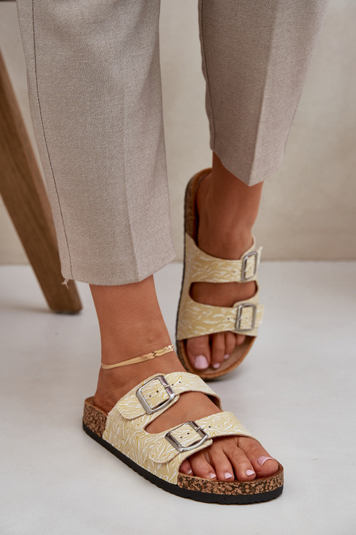 Damskie Materiałowe Klapki Z Klamrami Na Korkowej Podeszwie Żółte Atera