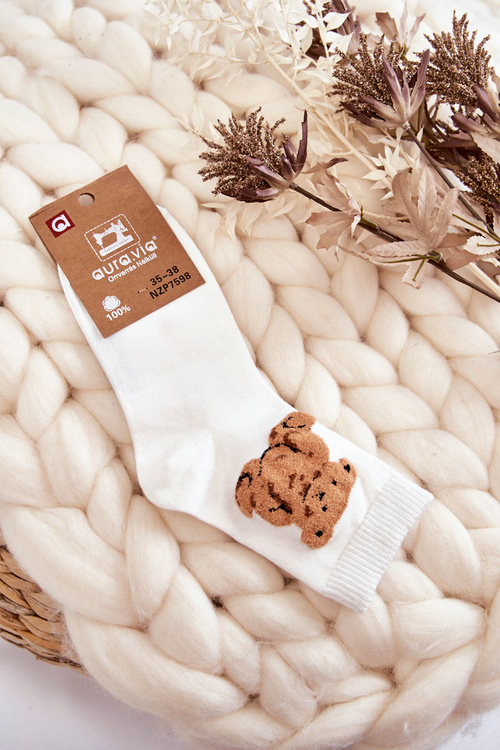 Women's Classic Cotton Socks With Teddy Bear White