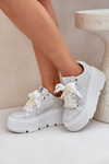 Damskie Sneakersy Skóra Naturalna Platforma Srebrne  CheBello 4658