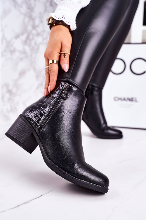 Damskie Ocieplane Botki Na Obcasie Print Zwierzęcy Czarne Confidence