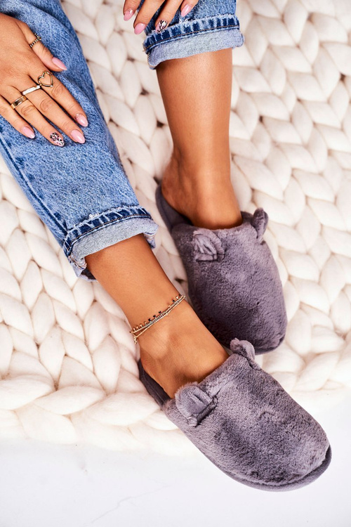 Women's Home Furry Slippers With Little Ears Grey Hippo