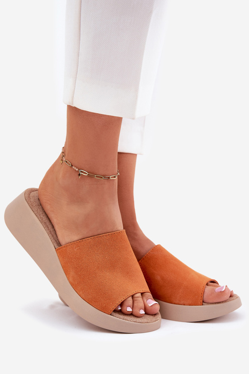 Damskie Klapki Na Koturnie Zamszowe Pomarańczowe Panto Fino RR267039