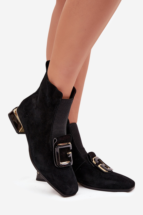 Leather Suede Women's Ankle Boots Low Heel Decoration D&A MR52-217 Black