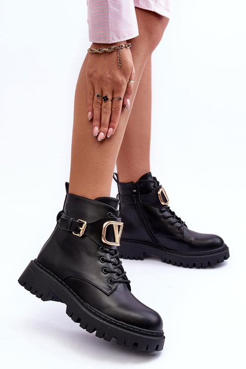 Stylish Lace-up Boots with Ornament Black Ollia