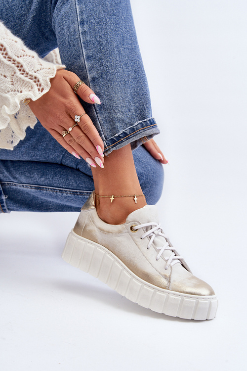 Półbuty Skórzane Damskie Gruba Podeszwa Złote Zazoo 2919