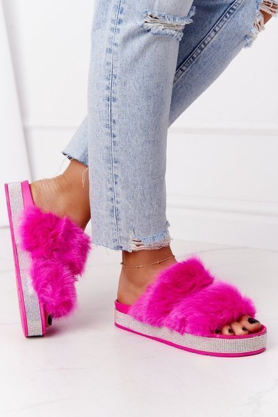 Platform Slippers With Fur And Cubic Zirconia Fuchsia Wow!