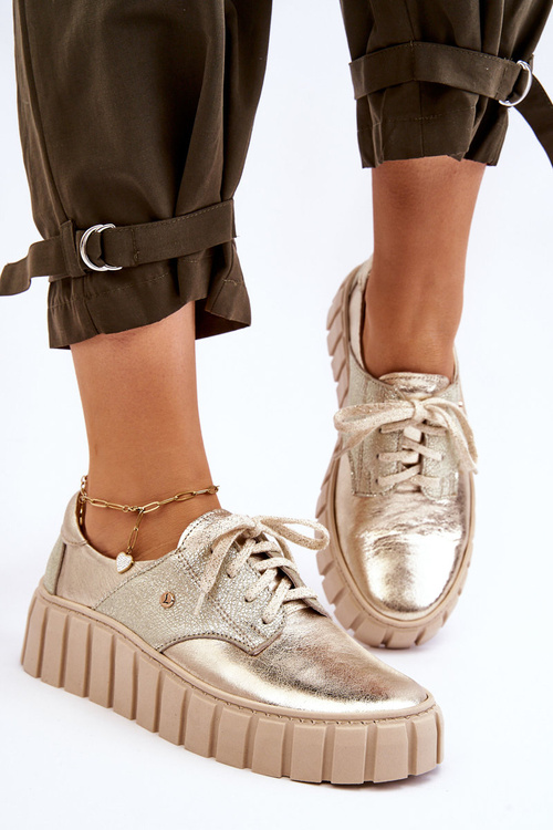 Półbuty Skórzane Masywna Platforma Złote Zazoo 10128