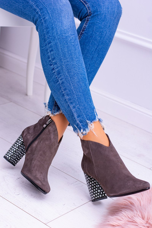 Eleganckie Zamszowe Botki na Słupku Laura Messi Khaki 1849