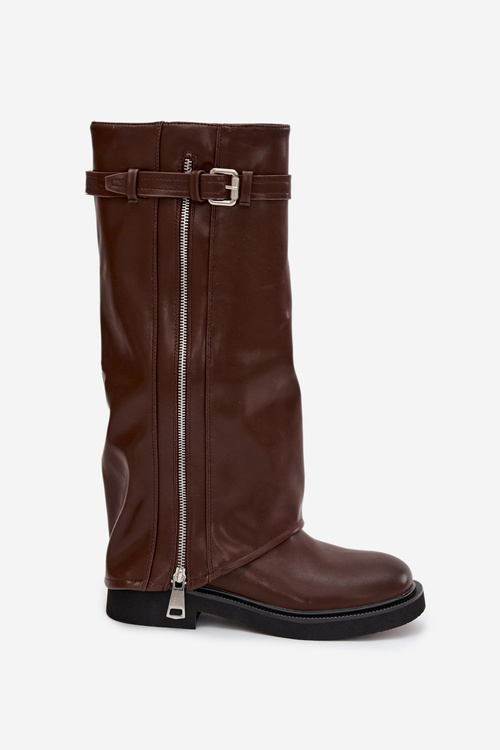 Women's Boots with Turned-up Shaft Buckle and Silver Zipper Insulated Brown Bressa