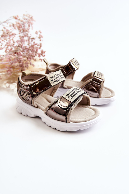 Leather Children's Sandals With Velcro Dark gold Amoss