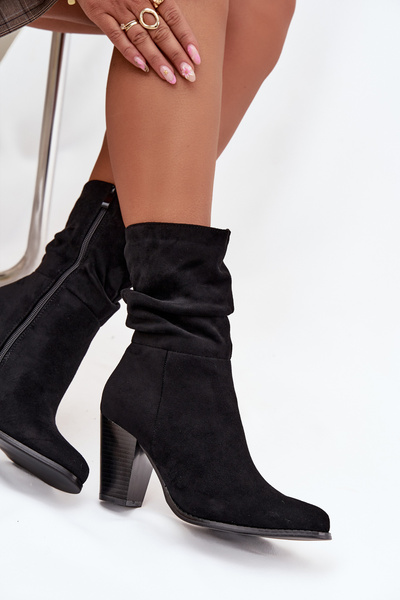 Damskie Botki Eko Zamsz Słupek Marszczenie Czarne Jovessa