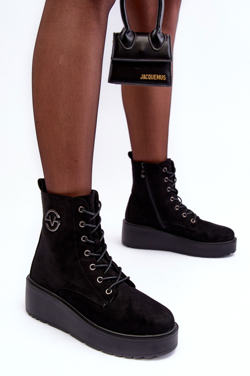 Suede Boots Workery on Massive Platform Wedge Heel Black Lavica