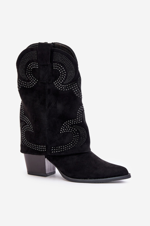Embellished ankle boots cowboy style mid-calf on heel black HY42-153