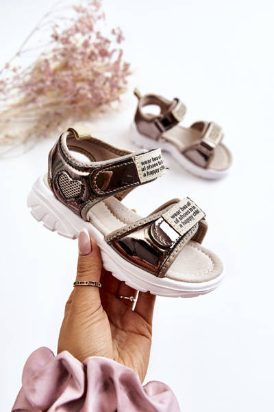 Leather Children's Sandals With Velcro Dark gold Amoss