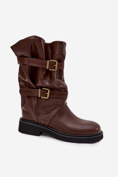 Wrinkled Women's Boots To The Middle Of The Leg With Straps And Buckles Brown Halvessa