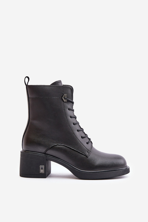 Lace Up Women's Heeled Boots Made Of Natural Leather Insulated Black Vinceza 91110