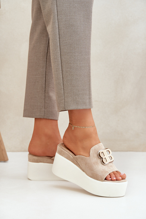 Klapki Koturn Platforma Ozdoba Eko Zamsz Beżowe Tanonea