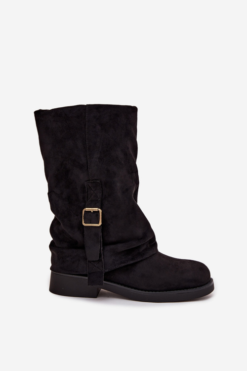 Women's Boots with Turned Cuff to Mid-Calf with Buckle Black Minelle
