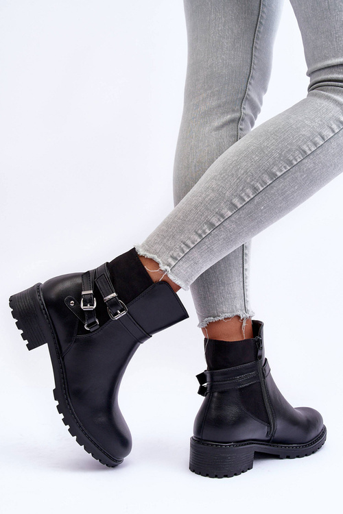 Botki Damskie Skóra Paski Czarne Minks M715