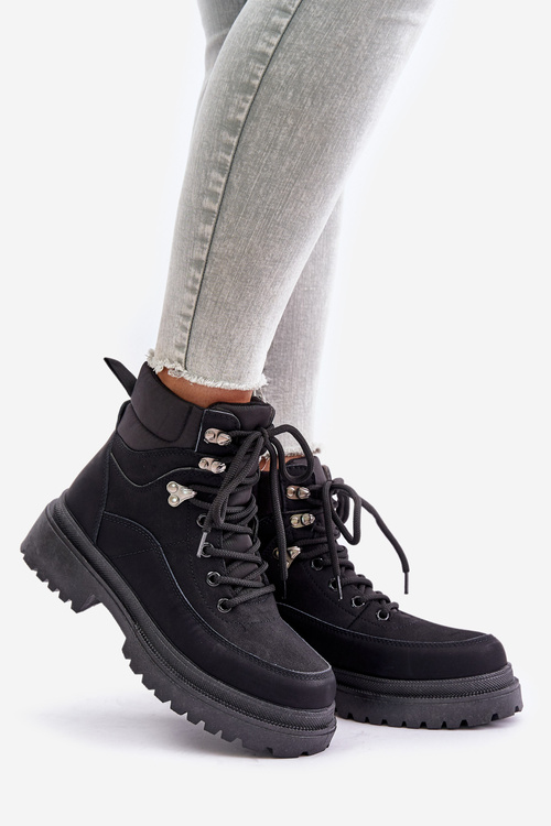 Damskie Sznurowane Trapery Botki Czarne Rabaria