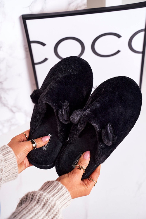 Women's Home Furry Slippers With Little Ears Black Hippo
