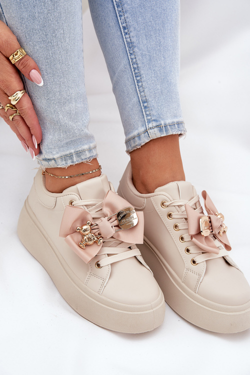 Women's Sneakers With Bow And Brooch With Bear Beige Leathria