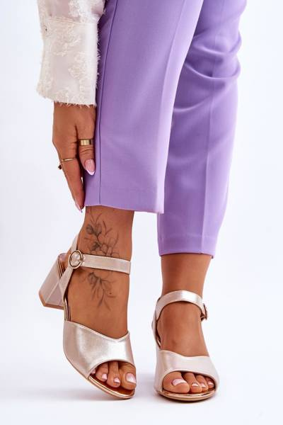 Sandały Wygodne Skóra Słupek Złote Bellamy