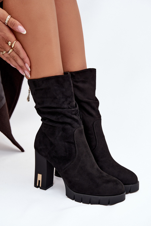 Damskie Ocieplane Botki Obcas Słupek Marszczenie Złoty Zamek Czarne Briannae