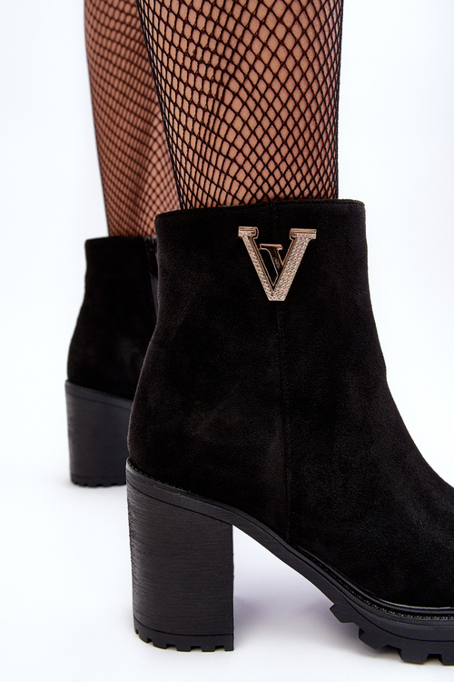 Women's Suede Boots On Heel With Decoration Black Strong