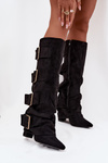 Women's heeled boots with turned-up shaft and gold buckles eco suede black Isavelle