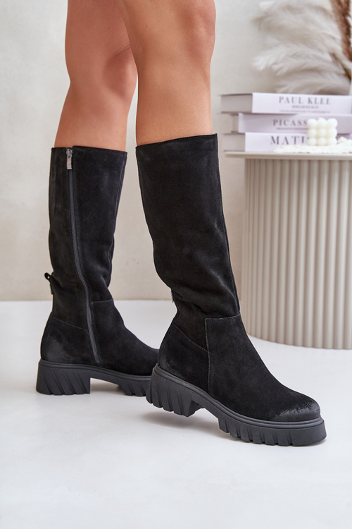 Kozaki Z Naturalnego Zamszu Przed Kolano Ocieplane Czarne Zazoo 70145