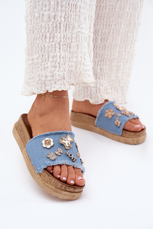Women's sandals with golden embellishments on the platform blue Rigasta