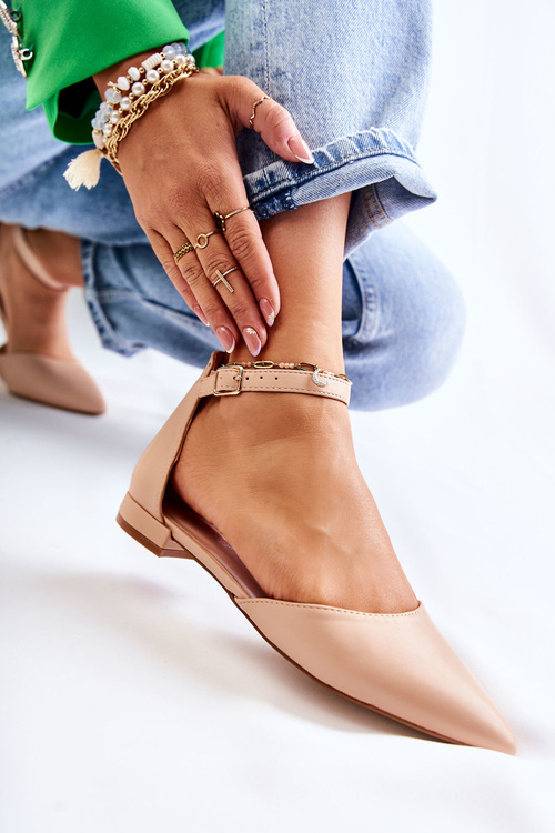 Baleriny Sandały Damskie Skóra Szpic Beżowe Caprise