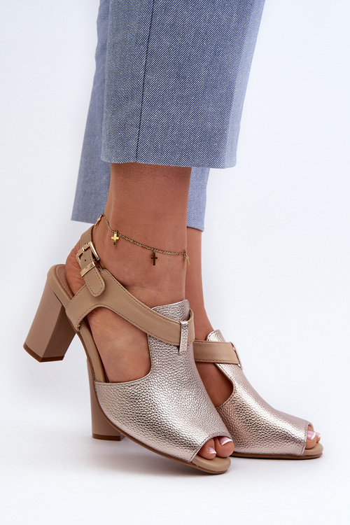 Sandały Damskie Na Obcasie Słupku Eko Skórzane Złote Queenmarie ASA228-3