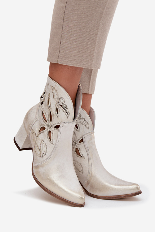 Damskie Botki Zamszowe Ażurowe Na Słupku Złoty Przecierany Zazoo 3647