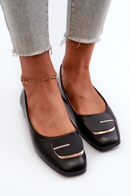 Women's Eco Leather Ballerina Flats with Decoration Black Edoslli