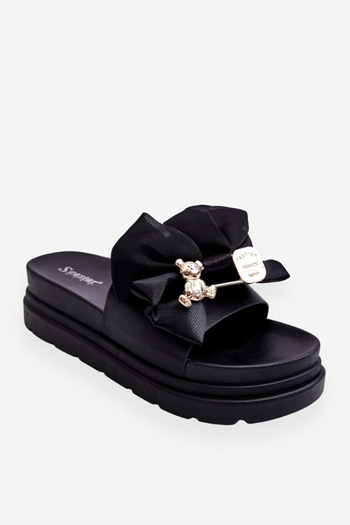 Slippers With A Bow And A Teddy Bear Black Suzy