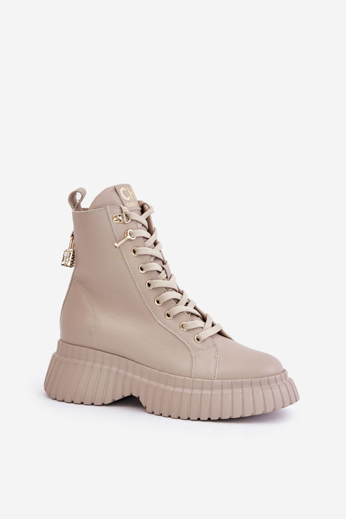 Botki Skóra Naturalna Platforma Ozdobna Kłódka Zamek Beżowe CheBello 4517