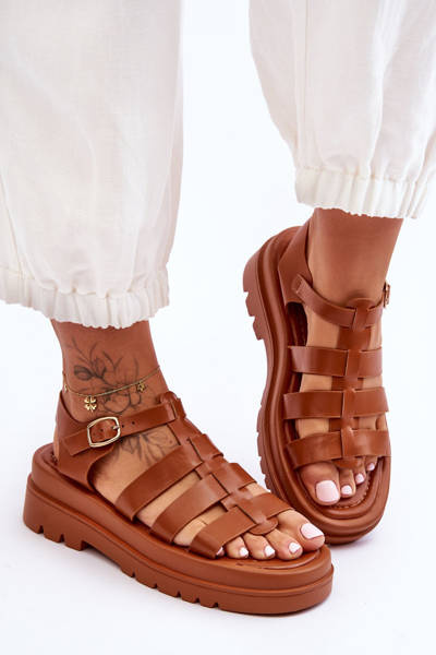 Leather Sandals With Stripes Brown Colet