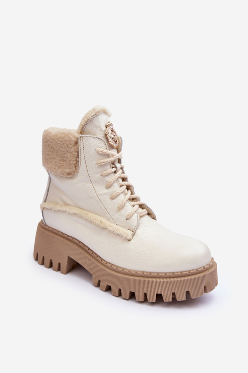 Women's Leather Trapper Boots Cream Vergo