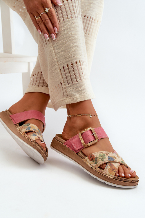 Klapki Damskie Z Klamrą W Kwiaty Wygodne Różowe Inblu GS000051